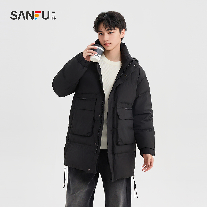 三福2024冬季男士长款双口袋工装羽绒服 时尚带帽外套489323