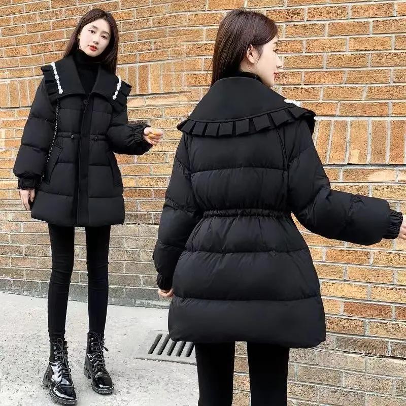 爆款冬季新款气质宽松中长款羽绒服女黑色重工钉珠收腰加厚同