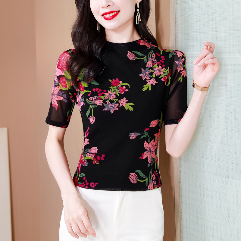印花半高领短袖T恤女夏季网纱上衣半袖打底衫修身洋气花色小衫潮