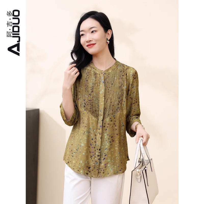 阿吉多七分袖风琴褶衬衫2024新款夏装碎花时尚妈妈装气质高档上衣