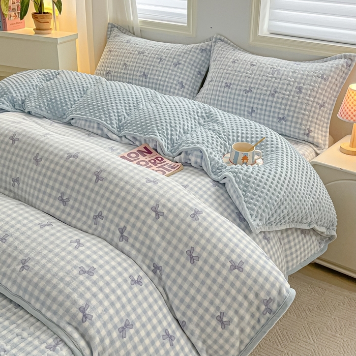 慕晨2025新款高克重牛奶绒印花豆豆绒夹棉床盖三件被套四件套