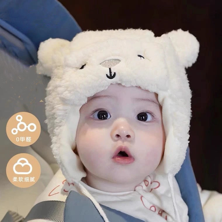 冬季宝宝护耳帽ins保暖毛绒帽婴儿帽子可爱超萌秋冬婴幼儿套头帽