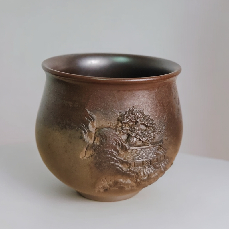 茶杯 重工手工雕刻山水浮雕 柴烧坭兴陶茶杯