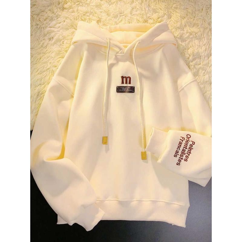 ins春秋款奶杏色刺绣连帽加绒卫衣女2023春新款宽松小个子设计感