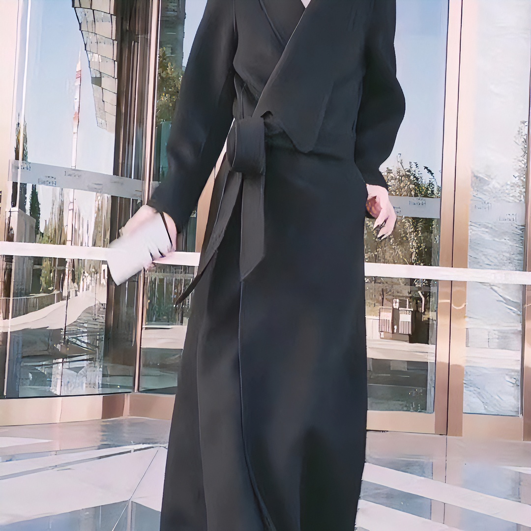 077黑色加长版狐仙外套大衣时尚网红气质设计师风衣腰带高端双面