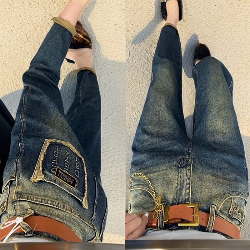 9A1290-x蓝骑字母弹力显瘦高腰老爹裤