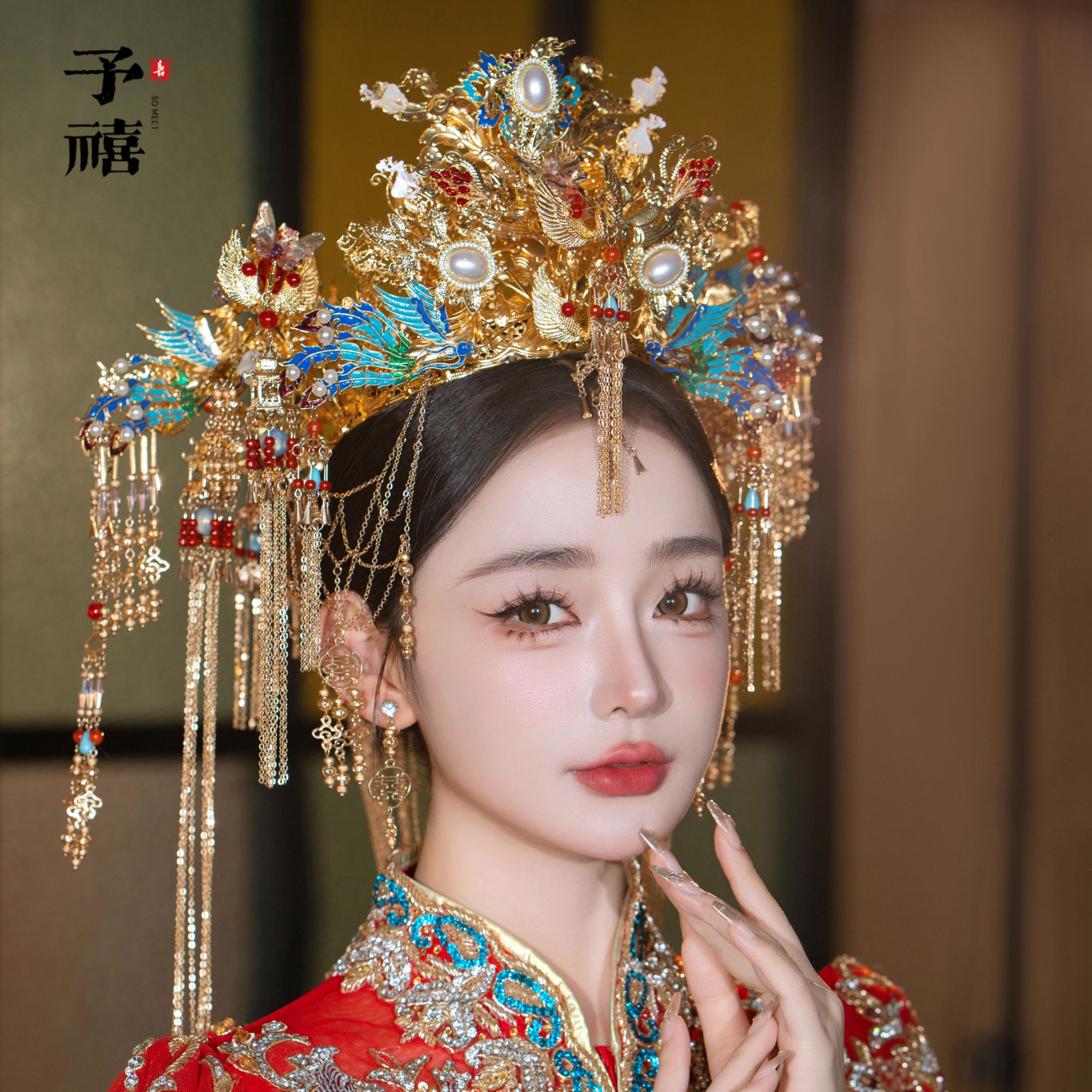 15239喜看优选新娘大气饰中式黄色古风汉服秀禾服龙凤褂流苏发饰