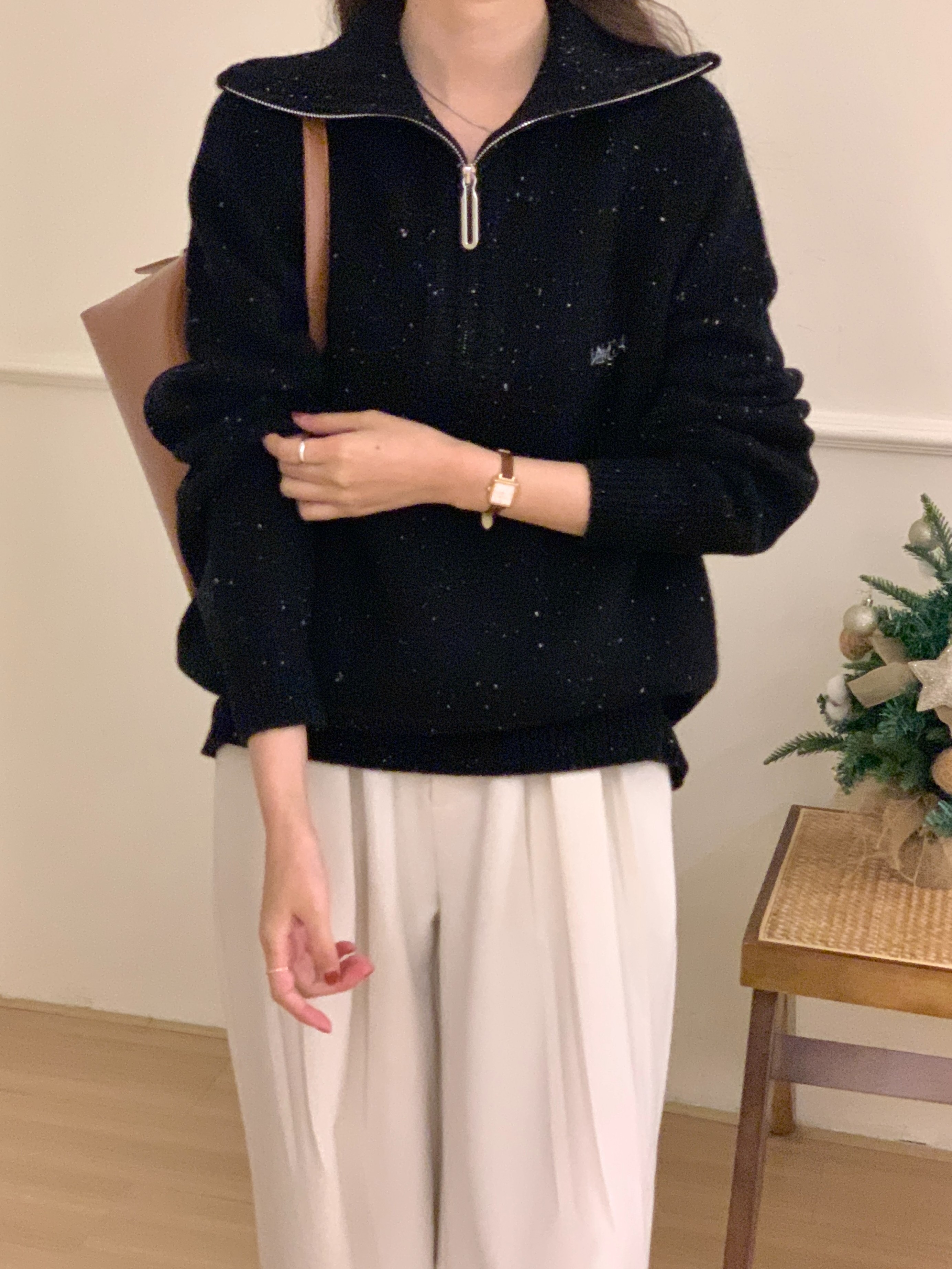 VillROSA 100%纯羊毛加厚女款半拉链百搭宽松韩版翻领大码针织衫
