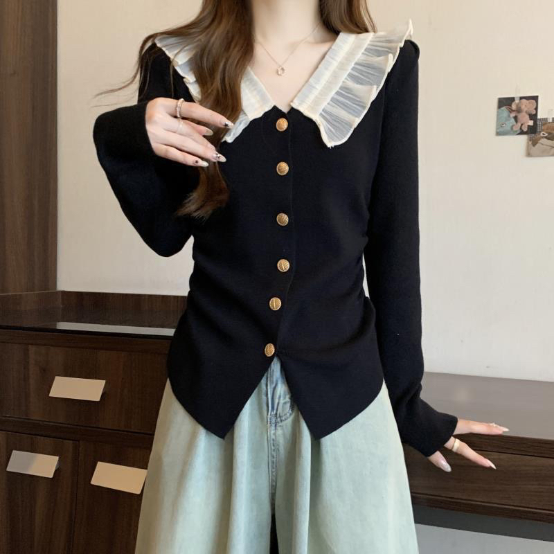 秋装甜辣复古别致荷叶边拼接毛衣针织衫（直播间链接）