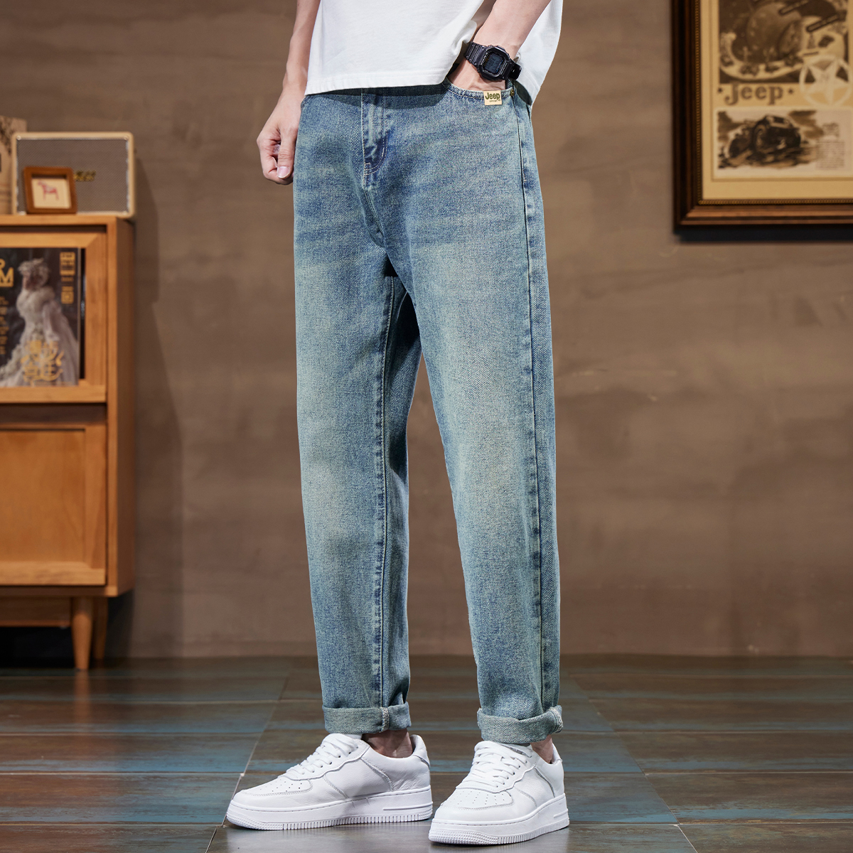 JEEP/吉普春秋季高端牛仔裤男宽松直筒2024新款美式休闲潮流裤子