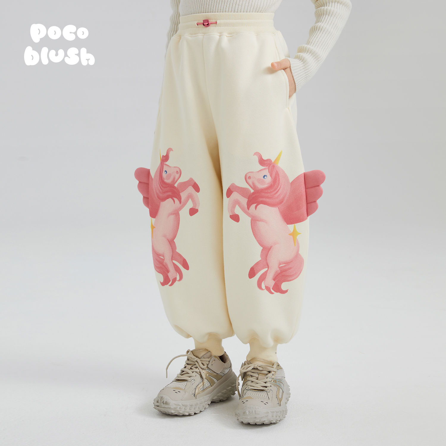 poco blush原创设计手绘飞马加绒运动裤女童2024冬季加厚休闲裤子