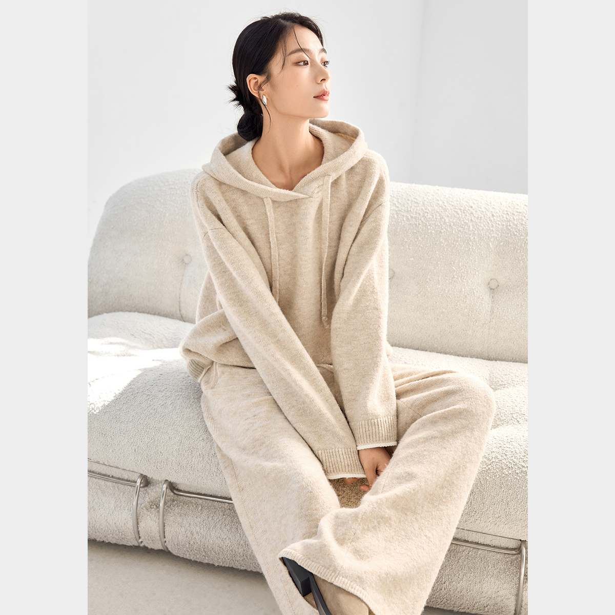 【女装优选WL】对白慵懒连帽针织套装女2025冬季阔腿裤两件套EDZ180