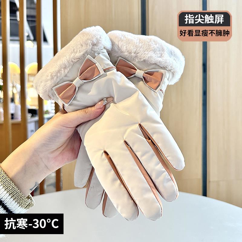 女秋冬季防风寒触控屏幕加绒加厚保暖蝴蝶结甜美可爱骑行骑车滑雪
