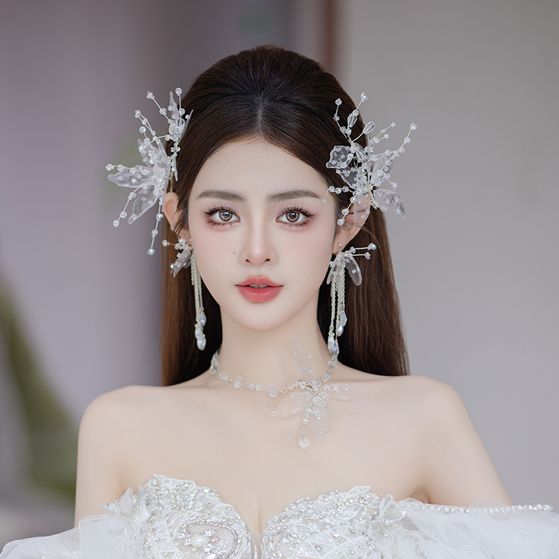 非金属亚克力婚庆饰品 新娘头饰唯美头花发夹耳环项链套装FMYQ26