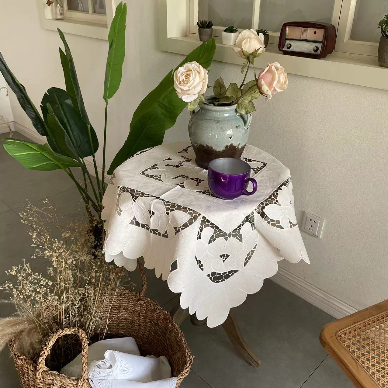 LY2463纯手工棉布复古镂空新中式85cm方沙发桌布床头柜防尘盖巾