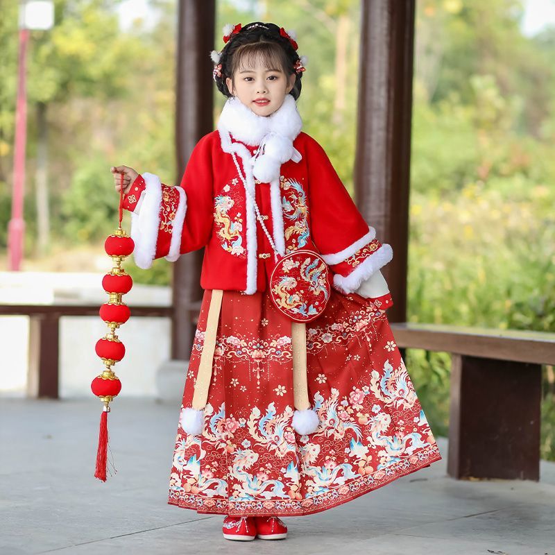 龙年新款女童加绒加厚汉服拜年服马面裙套装儿童日常喜庆中国风