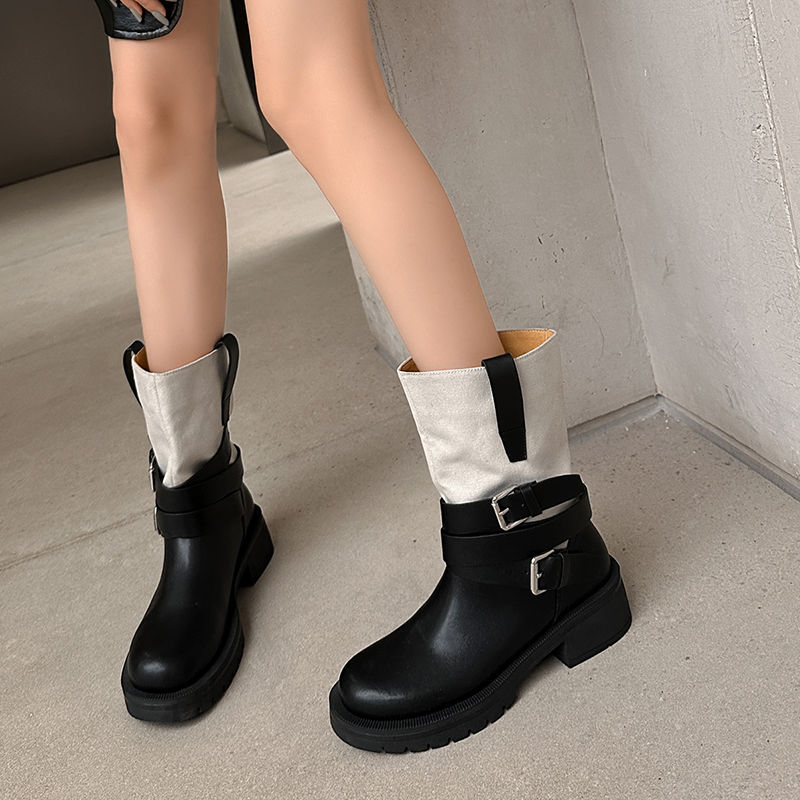 2023新款粗跟厚底马丁靴女小众百搭设计感拼色圆头短靴时尚潮流鞋
