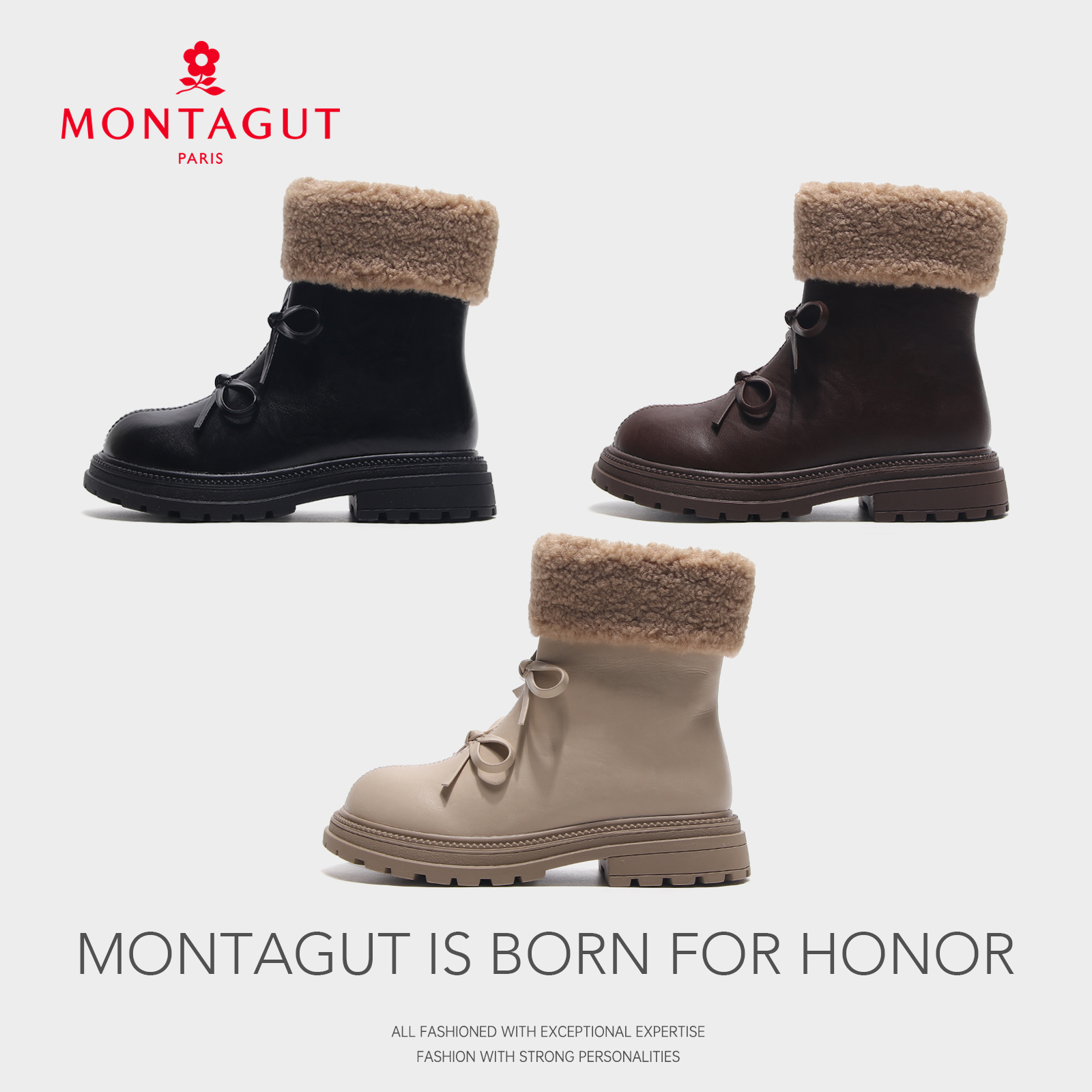 Montagut梦特娇冬季新款百搭皮靴加绒加厚棉靴女童时尚复古马丁靴