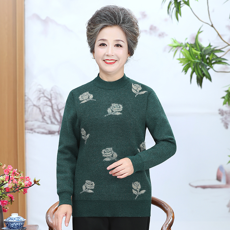 【擎苍鹰】中老年人女装秋冬季一体绒针织衫奶奶毛衣女套头打底衫