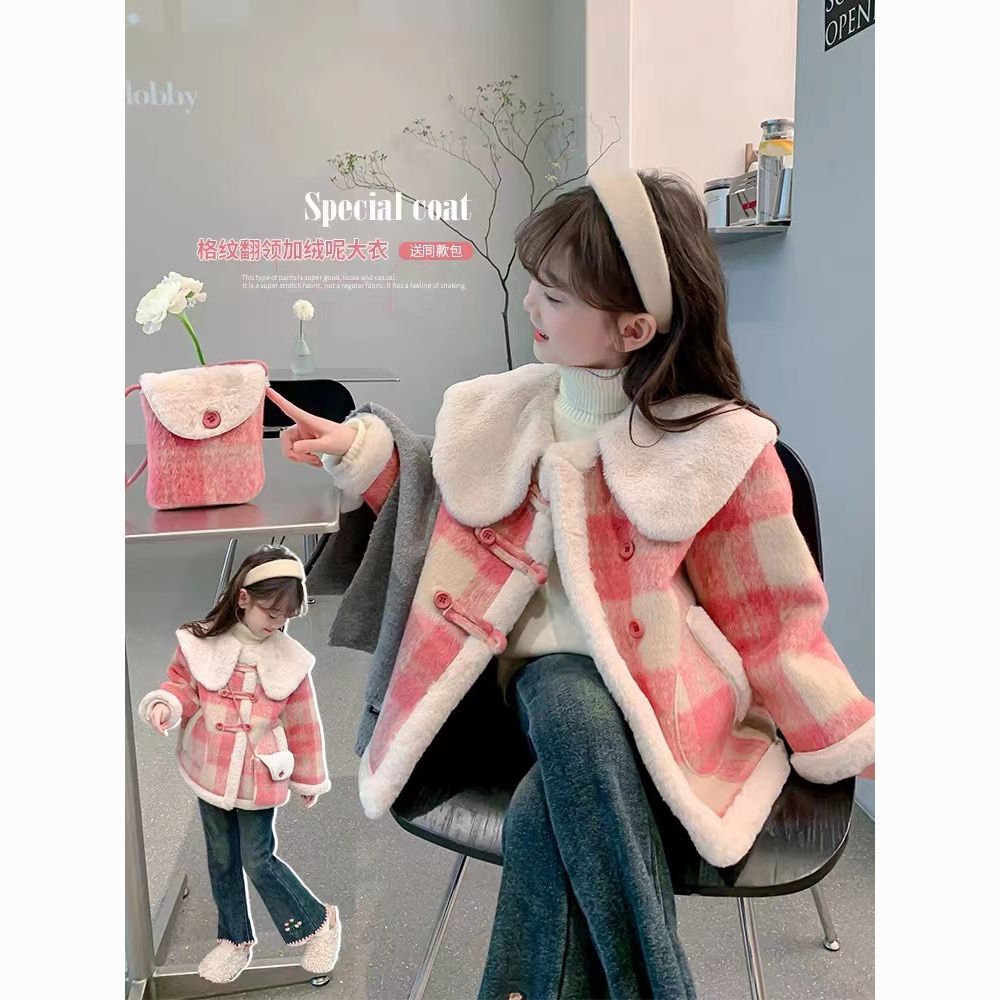 女童加绒外套冬装2023新款洋气儿童呢子大衣冬季加厚小女c