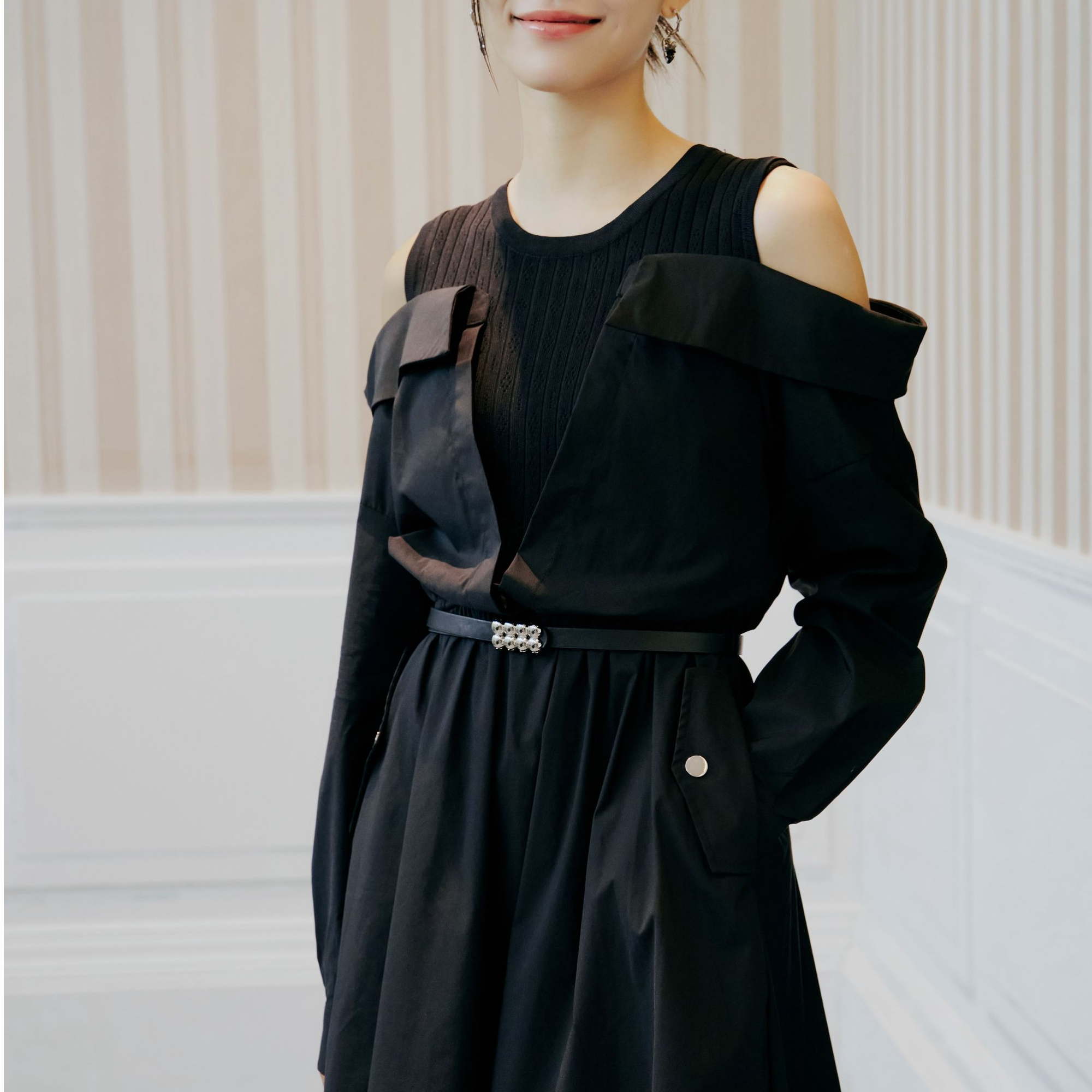 针织拼接露肩连衣裙收腰显瘦长裙送腰带 专柜同款