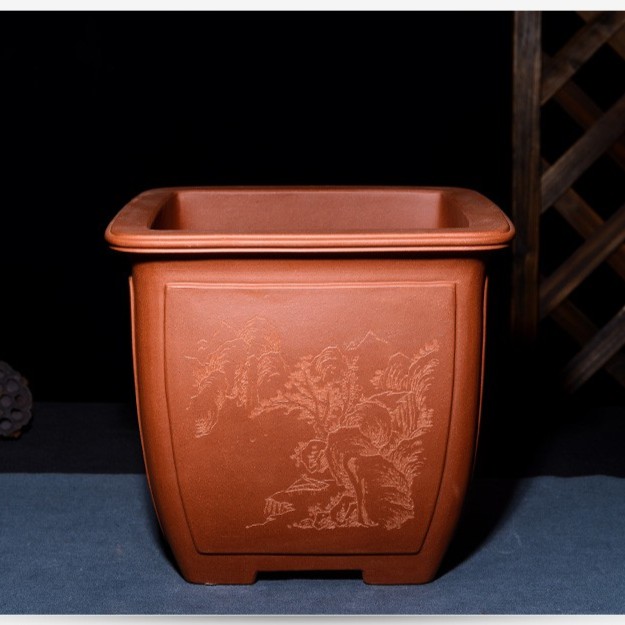 壶盆皆友宜兴紫砂花盆精品手工盆景盆栽原矿清水泥中型凸面瓢口盆