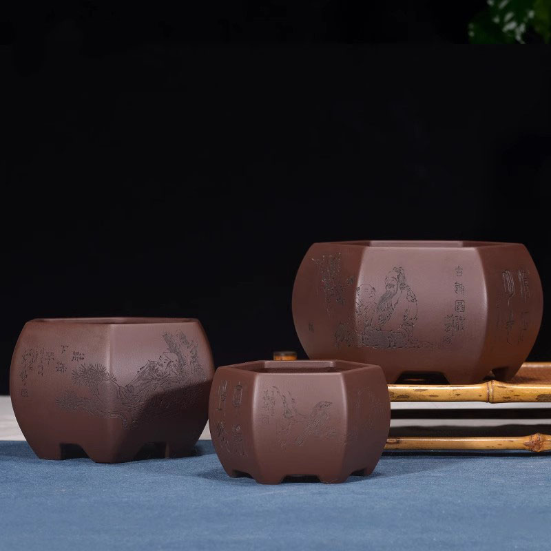 壶盆皆友宜兴精品纯手工花盆吴为民制谭华斌墨生精刻人物原矿紫泥