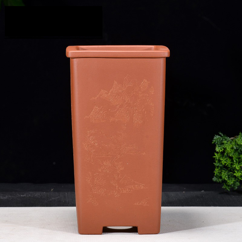 壶盆皆友宜兴紫砂花盆精品手工兰花悬崖盆本色清水泥中型四方签筒