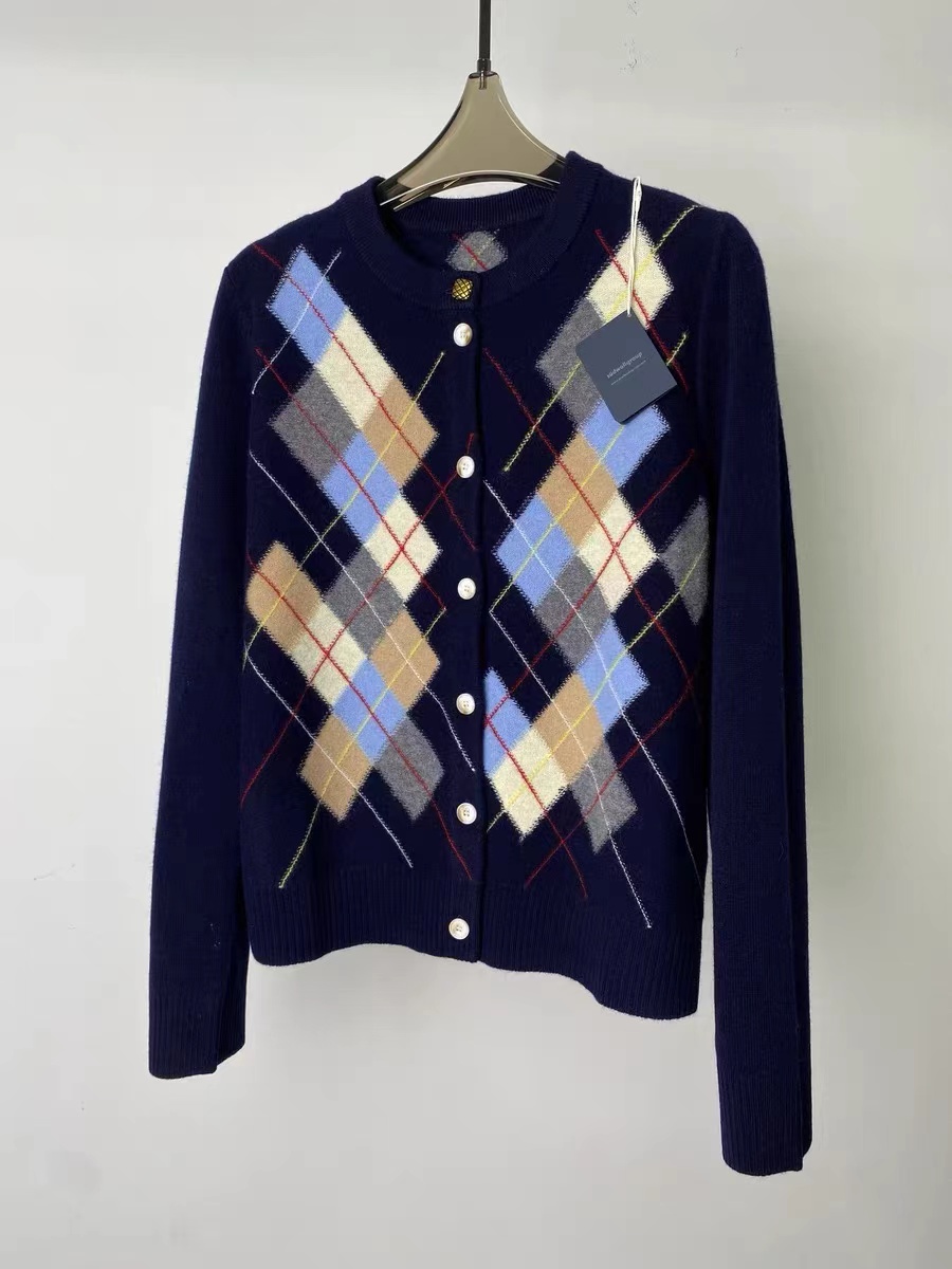 [100%羊毛】2025春款学院风圆领菱形格百搭休闲保暖针织开衫女