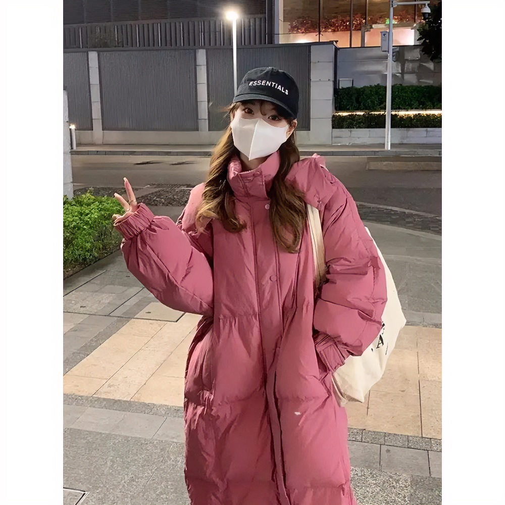 树莓粉泡芙长款羽绒服女宽松显瘦过膝款面包服oversize显瘦羽绒服