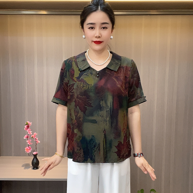 8933 夏季翻领时尚短袖妈妈装上衣中老年宽松t恤大码洋气小衫
