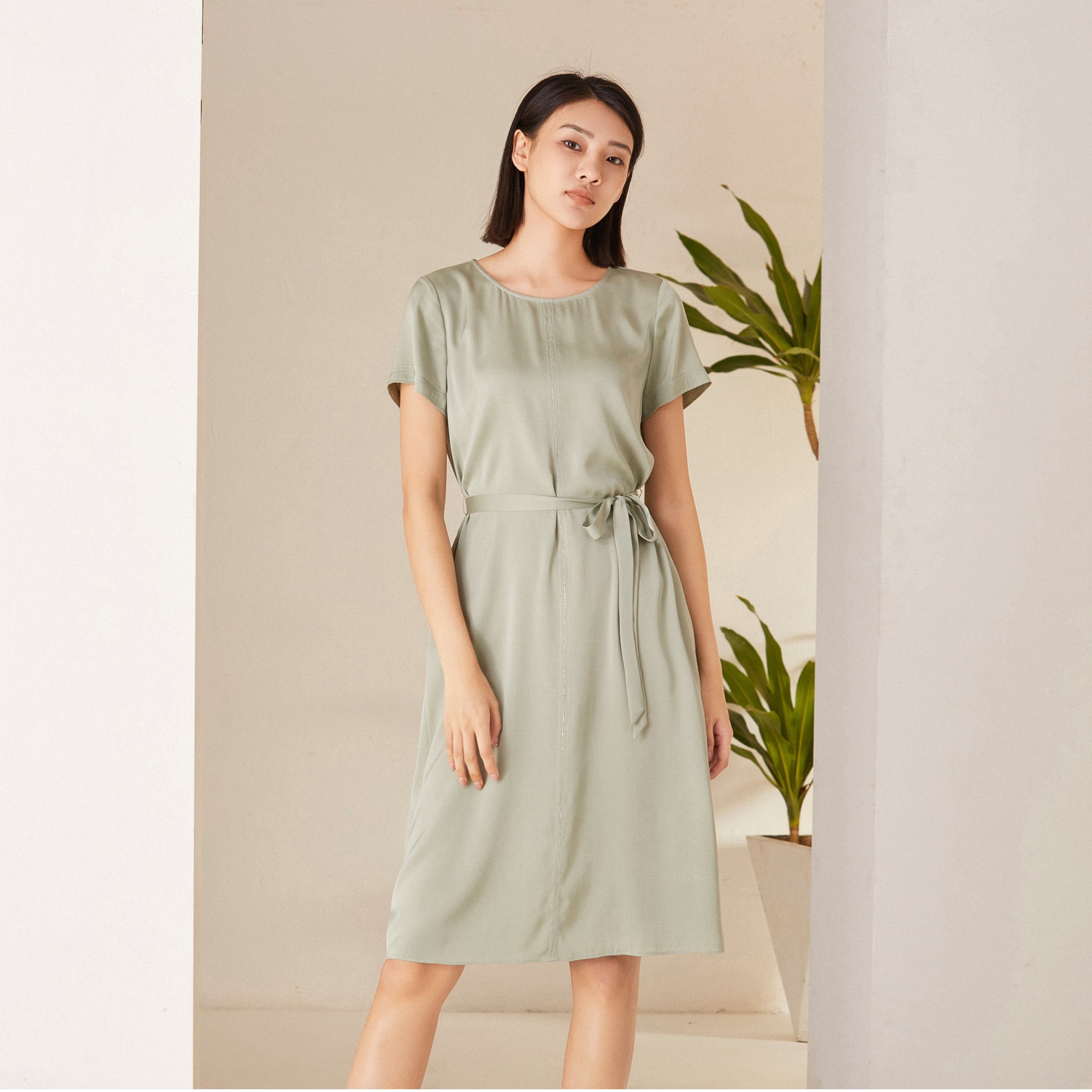 L·W/画而诗春夏轻奢时尚收腰纯色高档真丝桑蚕丝连衣裙LBB65082S