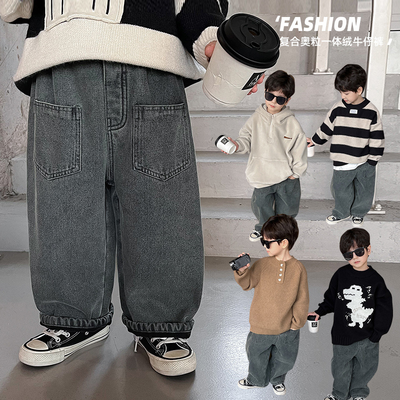 儿童2023冬款韩版休闲长裤洋气一体绒加厚男童牛仔裤童装宽松秋冬