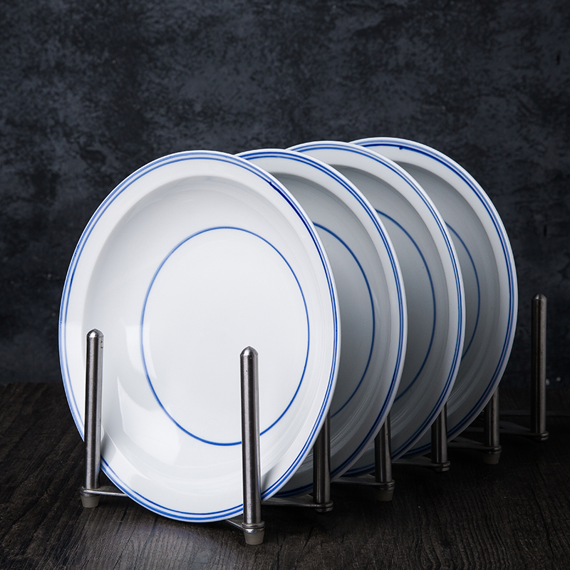 【双线蓝边高白泥菜盘】菜汤盘碟饭碗面碗白瓷家用釉下彩餐具