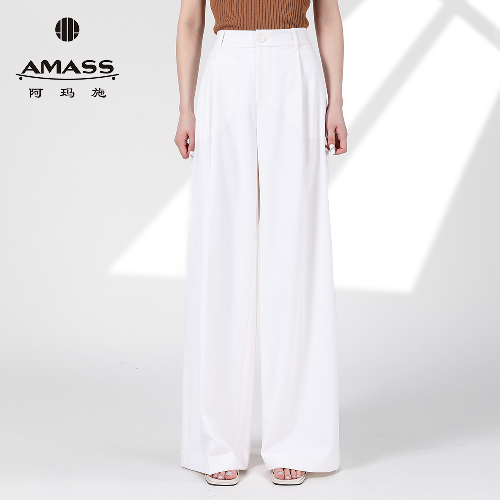 阿玛施AMASS气质白色休闲裤简约日常宽松显瘦基础直筒裤女5192649