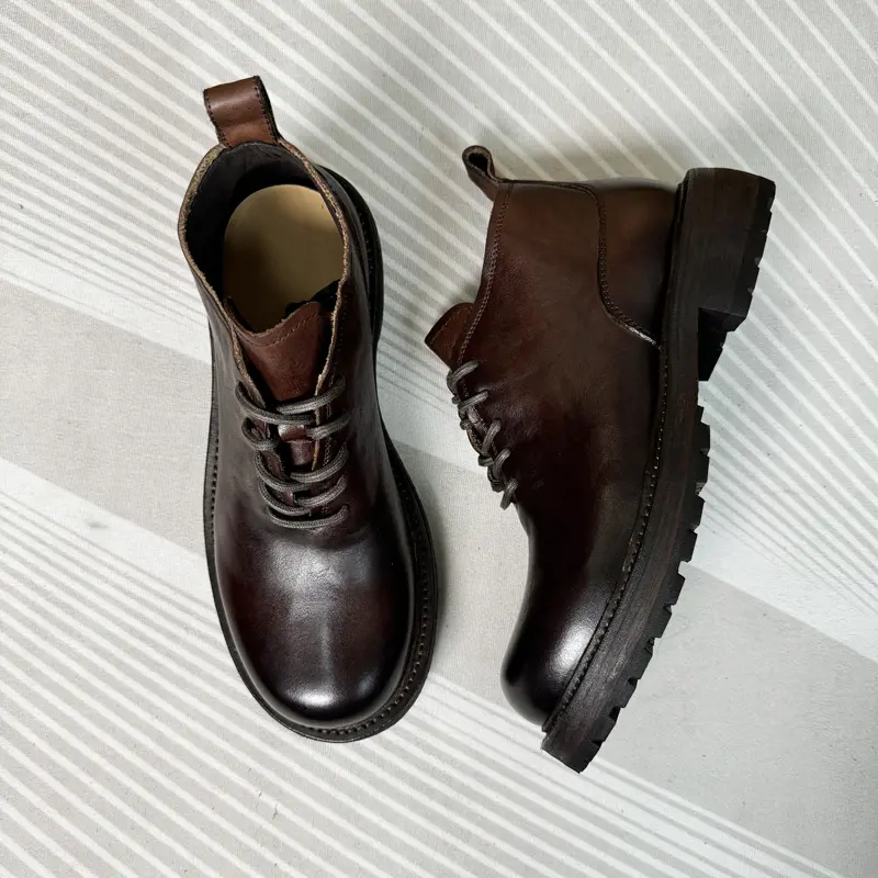 水洗马皮中帮马丁靴潮流高帮真皮短靴英伦工装鞋复古靴子厚底潮鞋