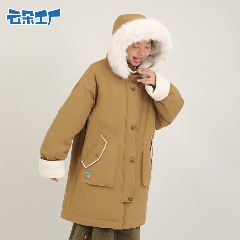 云朵工厂小雪人毛领长款棉服连帽加厚抗风蓬松柔软兔耳朵可爱造型