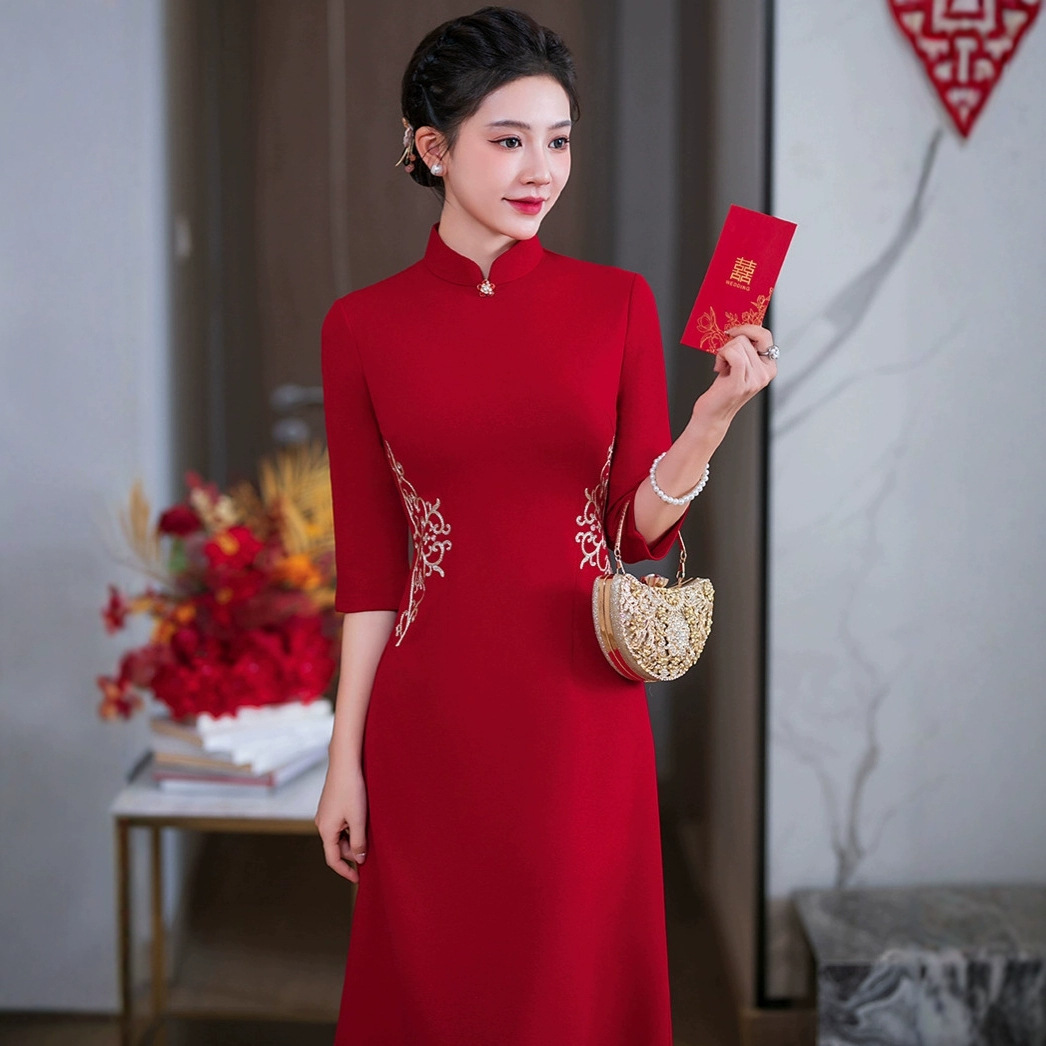 C282新款2025秋季高档亮丝喜婆婆旗袍改良新中式喜妈妈婚宴装礼服