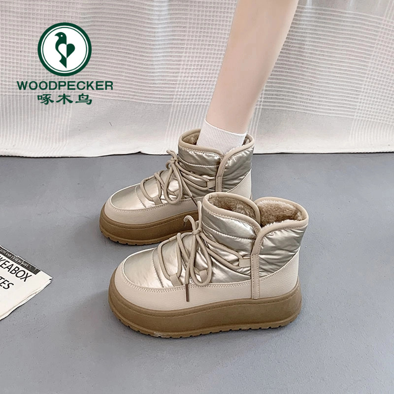 啄木鸟雪地靴女2024年新款保暖冬季加绒厚底加厚防水防滑东北棉鞋