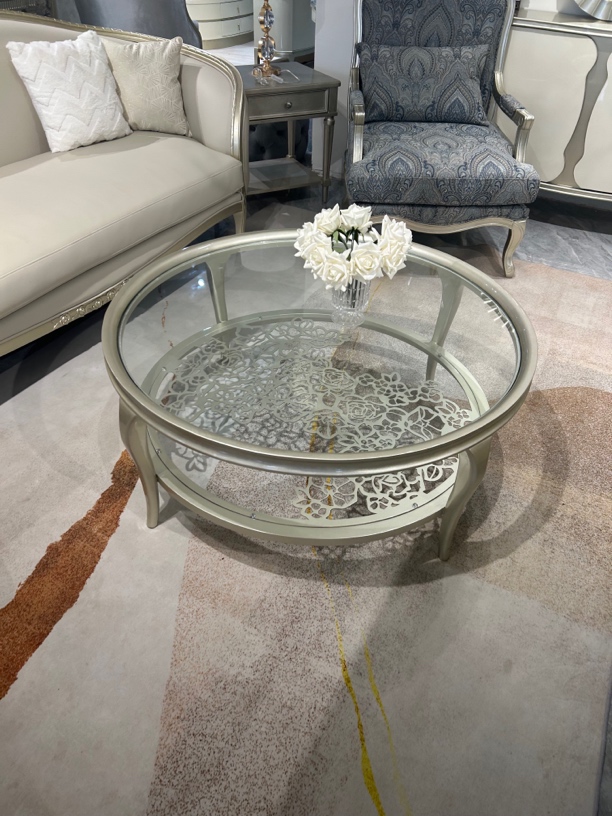 美式轻奢榉木香槟色圆茶几客厅小户型钢化玻璃咖啡桌圆角边几组合