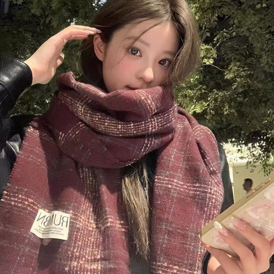 复古酒红格纹围巾女2025新款秋冬时尚金线编织保暖加厚长款围脖