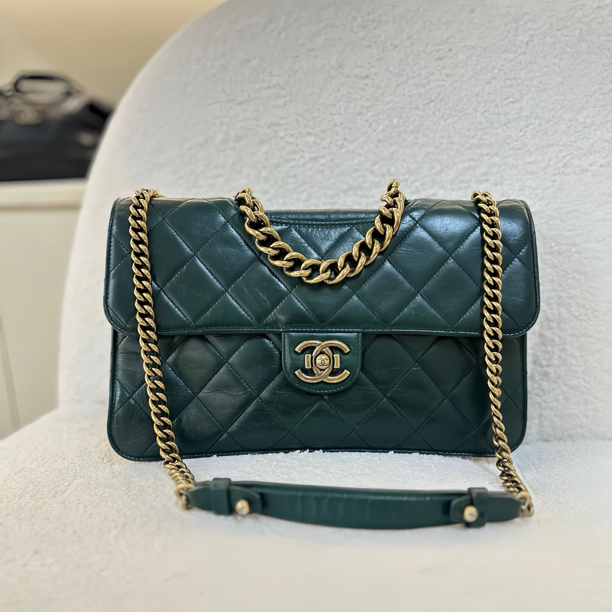 99新 Chanel/香奈儿 孟买cf系列 油蜡牛皮 绿金小号 20开卡标齐全