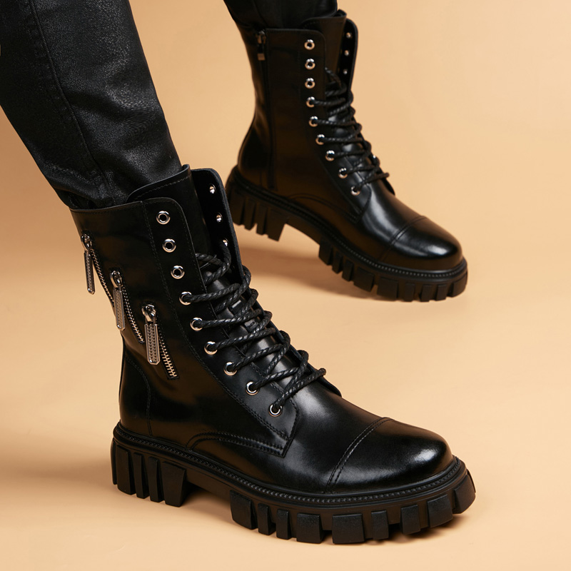 秋冬2024新款高帮时尚潮流帅气内增高马丁靴真皮青年英伦风皮鞋靴