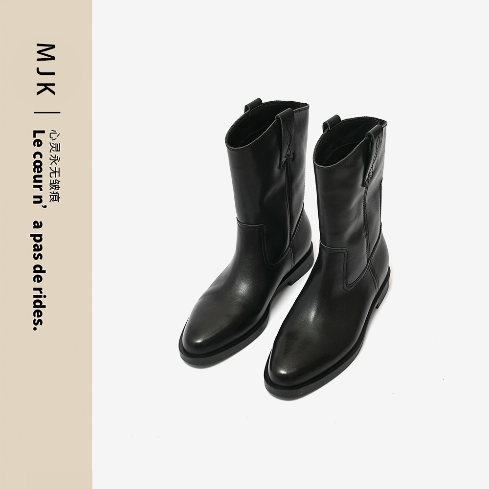 【午后光景】牛皮中筒马丁靴女尖头双耳平底骑士靴百搭西部靴子