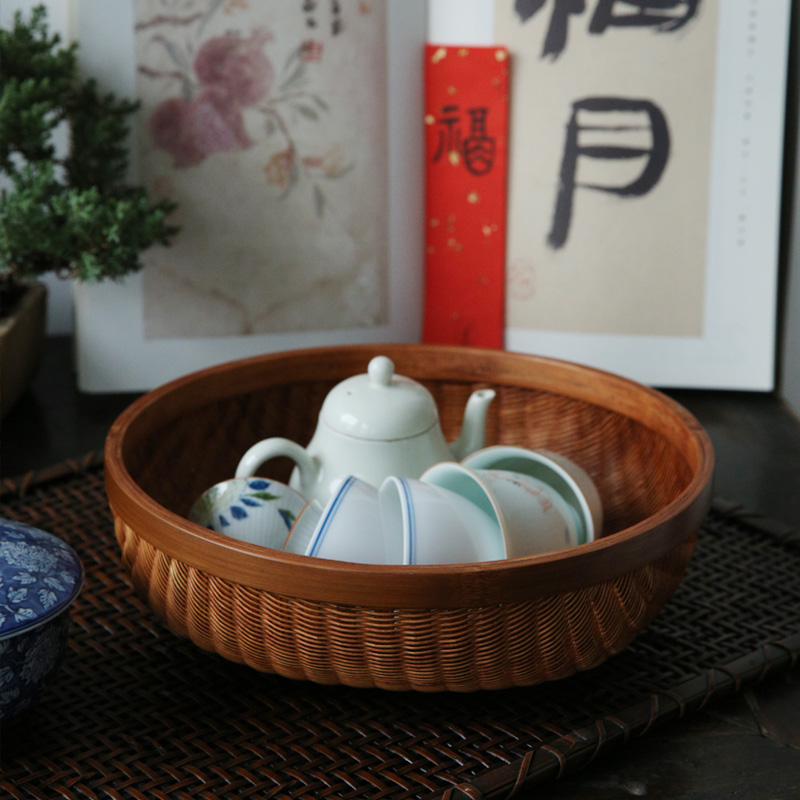 大漆圆形竹篓竹编水果盘点心盘馒头筐洗菜篮细丝精编筐收藏筐
