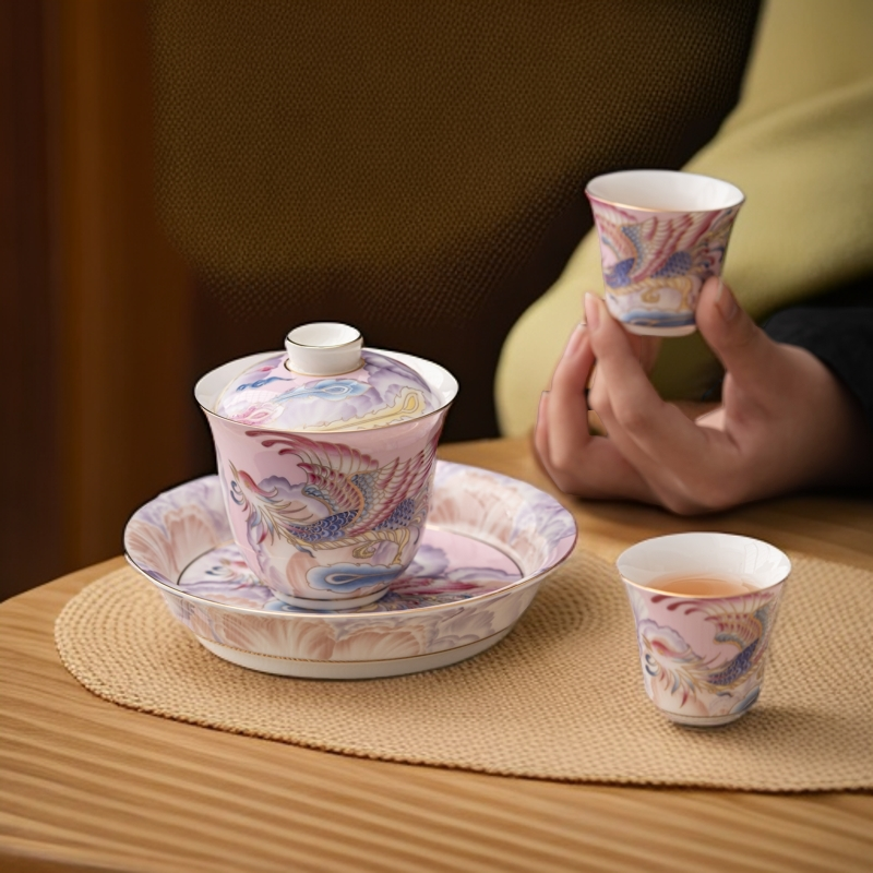 成艺凤凰三才盖碗客杯家用珐琅彩手工描金复古中式泡茶盖碗茶具