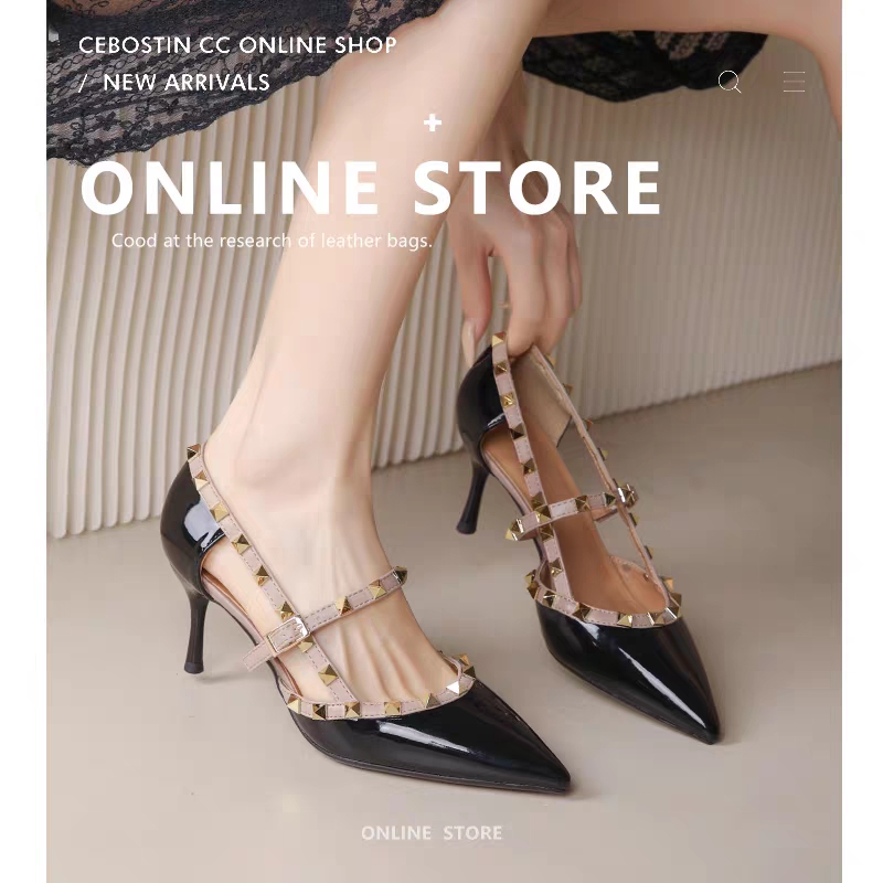 铆钉高跟鞋女2024年春秋新款网红气质小众设计感尖头中空单鞋细跟