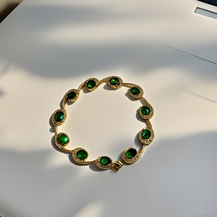 黄铜锆石手链 新款法式复古风墨绿锆石手饰 高级质感 个性百搭