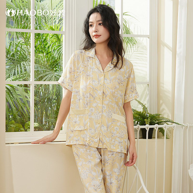 好波春夏睡衣女短袖长裤家居服睡衣女套装时尚提花冰丝睡衣HJ2428