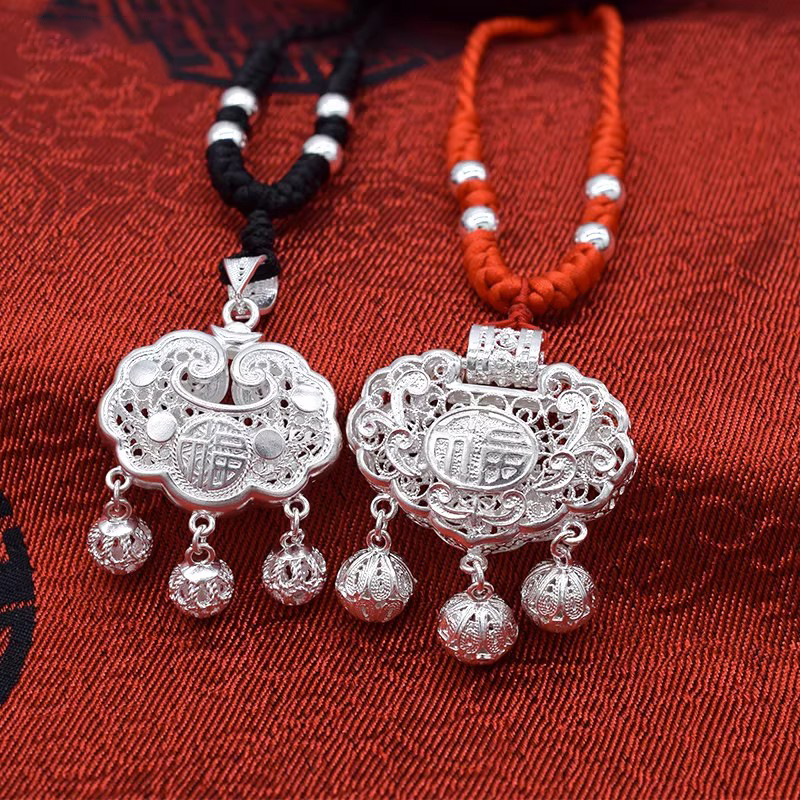 吊坠足银 【LOVELVLV】纯银999长命锁宝宝镂空平安锁项链吊坠送女友